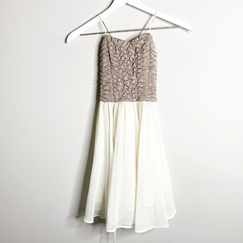 Pitaya Taupe Ruched White Chiffon Strappy Dress